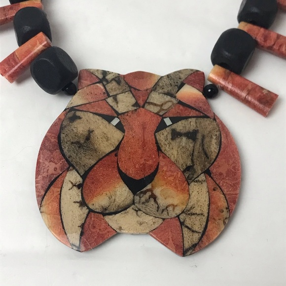 Inlaid Stone Tiger on Black Lacquer Chunky Wooden Bead Folk Art Necklace